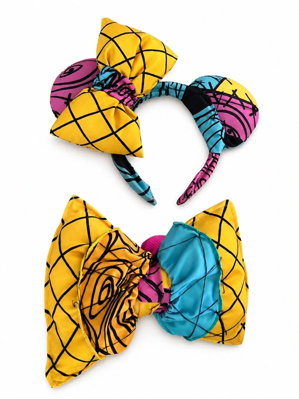 Handmade one of a kind Bow Headband and Hair ears Set - Yellow & Pink & Blue